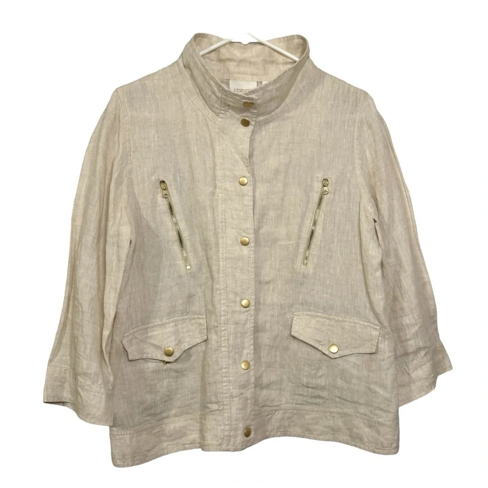 Chicos 100% Linen utility jacket 3/4 sleeve cream womens 1 US 8/medium unlined - Picture 2 of 11